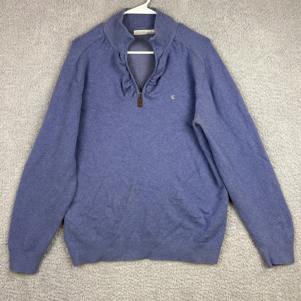 Criquet 1/4 Zip Pullover Mens Large Blue Mock Neck Cotton Preppy Golf Sweater